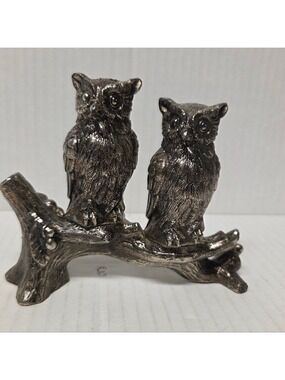 Vintage 70s 3-piece Silverplated Metal Owl Salt & Pepper Set